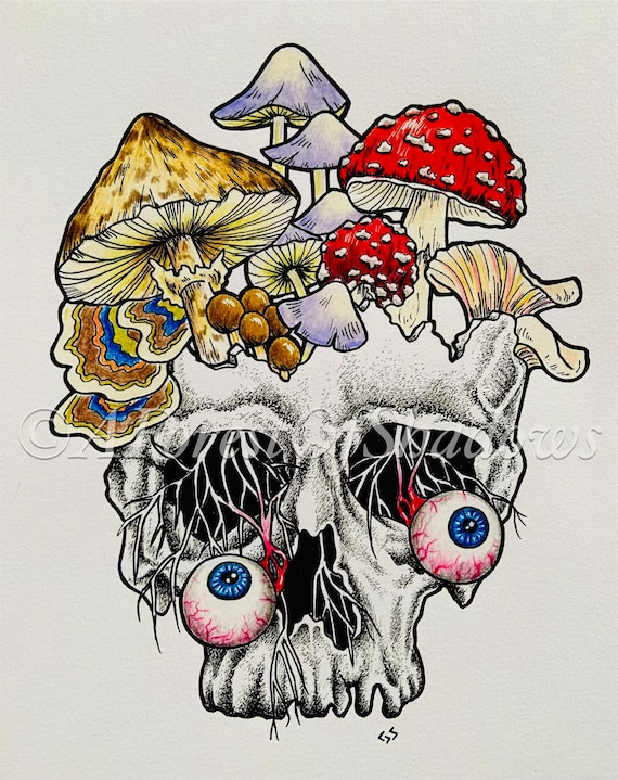 Fungi Skull Original Pen and Ink Art | Fungi Wall Decor | Mushroom