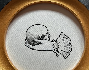Ethereal Embrace Framed Fine Art Original Illustration, Victorian wall art, gothic artwork, skull drawing, dark academia art, gifts for goth