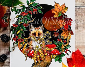 Autumn Fox Foil Print | mushroom art | botanical Fall wall art | fungi print | nature lovers | rustic boho decor | metallic art print