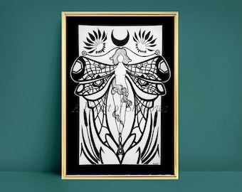 Dragonfly Goddess Original A3 Artwork, witchy art, art nouveau wall art, black and white illustration, gifts for witches, pagan Wicca decor