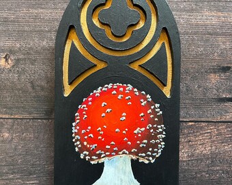 Gothic Fungi Arch Wall Decor, Fly agaric wall art, dark fungi painting, gifts for goths, fungi lovers gift, dark cottagecore, medieval art