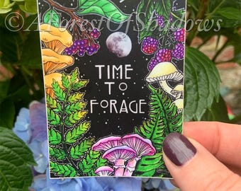 Time To Forage Sticker, fungi art sticker, journal sticker, stationery gift, mushroom art sticker, foragers gift, nature lovers gift