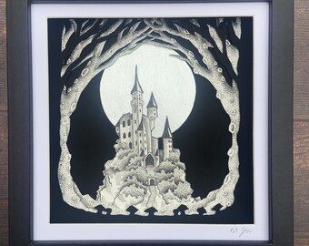 Haunted Castle Papercut Box Framed Art, witchy wall art, full moon drawing, magical fairytale framed art, Halloween decor, mythical medieval