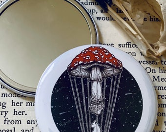 Tripsitter Pocket Mirror | magic mushroom art | fungi lovers gift | cat lovers gift | handbag mirror | best friends gift