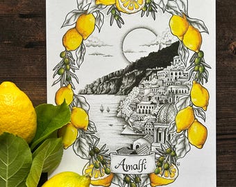 Amalfi coast Art Print, Italian coast wall decor, lemon and olive art, Mediterranean kitchen wall art, travel lovers gift, Italy lovers gift