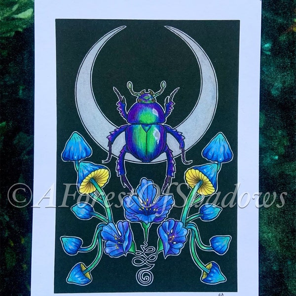 Insectium Scarab Beetle Moon A5 Art Print | witchy decor | mushroom art | art nouveau wall print | fungi lovers gift | floral boho decor