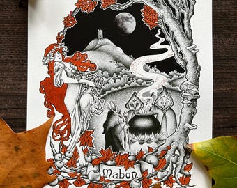 Mabon A5 Altar Card Art Print, Autumn wall art, art nouveau print, Glastonbury art, autumn home decor, witchy art, gifts for witches