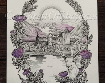 Scotland A4 Art Print, thistle wall art, deer stag art, loch awe print, Scottish highlands art, kilchurn castle art, Scottish home decor