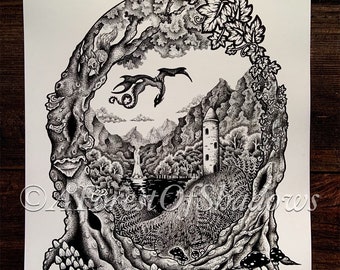 The Tower A3 Art Print, dragon wall art, fantasy art print, Tolkien inspired print, goblincore gifts, forest art print, hobbit lovers gift