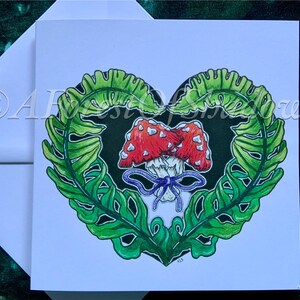 Cartão de cogumelo do dia dos namorados, cartão para amantes de fungos, cartão de arte de cogumelo, cartão de planta de samambaia, cartão para amantes da natureza, cartão de felicitações reciclado FSC