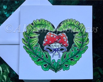 Valentines Day Mushroom Card, fungi lovers card, mushroom art card, fern plant card, nature lovers card , FSC recycled greetings card
