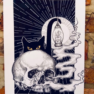 Black Cat and Skull Original Pen Illustration | witchy wall art | Gothic home decor | Victorian style