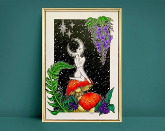 Lady Luna A4 Art Print | moon art | magic mushroom fungi print | cottagecore wall art | fungi lovers gift | botanical floral illustration