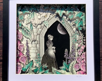 Victorian gothic garden Papercut Box Frame Art, gothic castle wall art, dark floral decor, gifts for witches, Victorian memento mori art