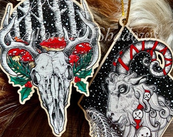 Pagan Yule Tree Decorations Pack of Two, Christmas Tree Decorations, Julbock goat bauble, skull bauble, alt Xmas decor, gothic tree decor