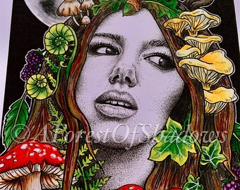 May include: A black and white illustration of a woman with long brown hair. She is wearing a crown of antlers, leaves, mushrooms, and acorns. The background is black with a full moon.