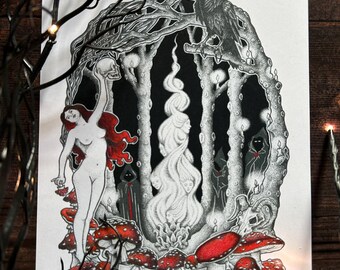 Samhain A4 Art Print, Halloween wall art, witchy art print, gifts for witches, Pagan home decor, Mushroom art, fungi art, fungi lovers gift
