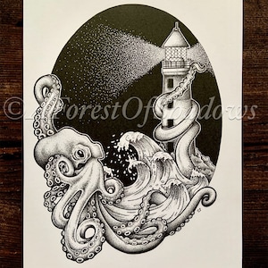 Kraken A4 Art Print, octopus wall art, ocean art print, gothic home decor