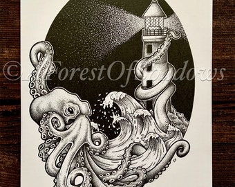 Kraken A4 Art Print, octopus wall art, ocean art print, gothic home decor