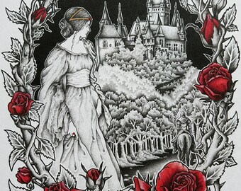 Medieval Maiden A4 Art Print, knightcore art, medieval wall art, ethereal wall decor, gifts for goths, romantic art, gothic rose home decor