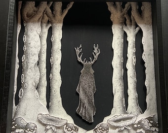 Horned God Framed Paper Cut Art, dark forest wall art, box frame art, woodland art, mushroom wall art, fungi lovers gift, pagan pen and ink