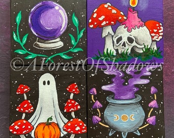 Handmålad mini-canvas med Halloween-motiv, häxkonst, presenter till häxor, ooak, spökkonst, häxkonst, dödskallekonst, pumpakonst