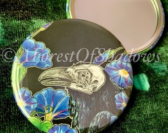 Crow Pocket Mirror | Raven Art Gift | Skull Accessories | Botanical Art | Gifts for Witches | Crow Lovers Gift | Halloween Accessories