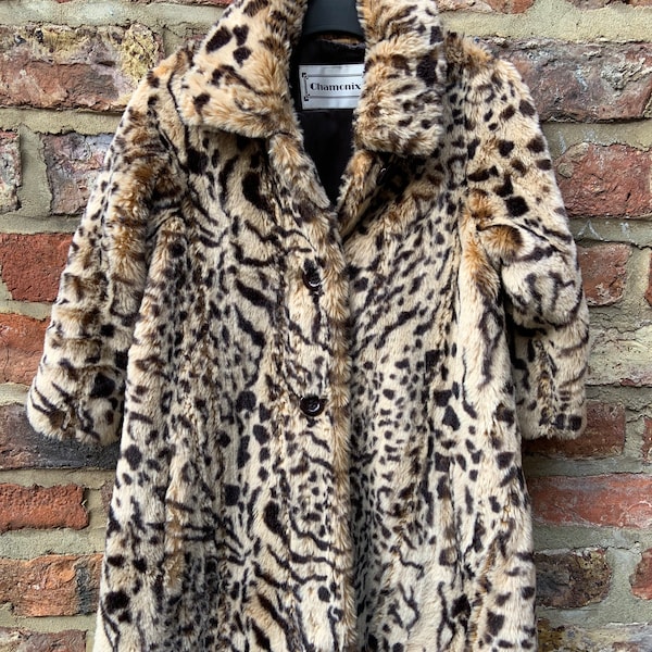 vintage années 1970 Faux Fur Child’s Coat, imprimé léopard, manteau balançoire