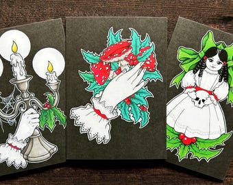 Victorian Gothic Christmas Card Pack, alt Xmas cards, cards for goths, gothic horror cards, memento Mori art cards, Victorian art, Yule card
