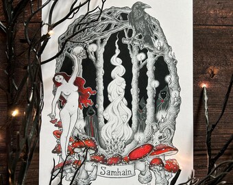 Samhain A5 Altar Card Art Print, Halloween wall decor, pagan art print, witchy wall art, mushroom art, fungi art print, gifts for witches