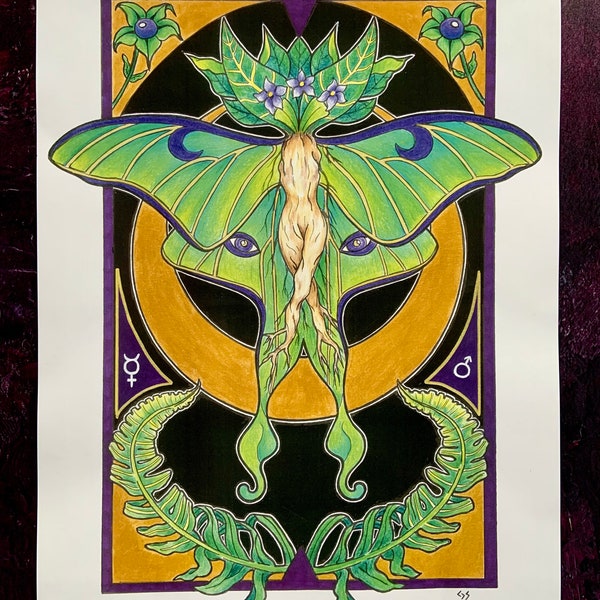 Luna Moth Mandrake A3 Poster Print, witchy botanical art, nature lovers gift, art nouveau wall print, gifts for witches, insect lovers gift