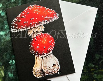 Fly Agaric Fungi Greetings Card, mushroom art card, fungi lovers gift, Amanita Muscaria card, fungi art, Toadstool art card, cottagecore art