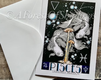 Pisces Greetings Card, Fungi birthday card, mushroom art card, zodiac oracle art, fish lovers card, fungi art, horoscope art card
