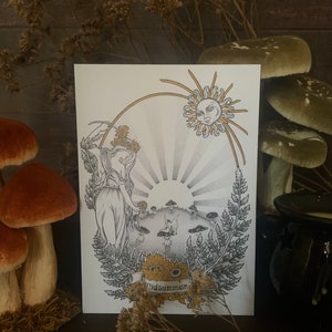 Midsummer Litha A5 Art Print, Tarjeta de Altar, Arte del Solsticio de Verano, arte de pared pagano, arte brujo, regalos de brujas, impresión de hongos, arte de setas