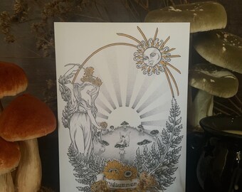 Midsummer Litha A5 Art Print, Altar Card, Summer Solstice art, pagan wall art, witchy art, witchy gifts, fungi print, mushroom art