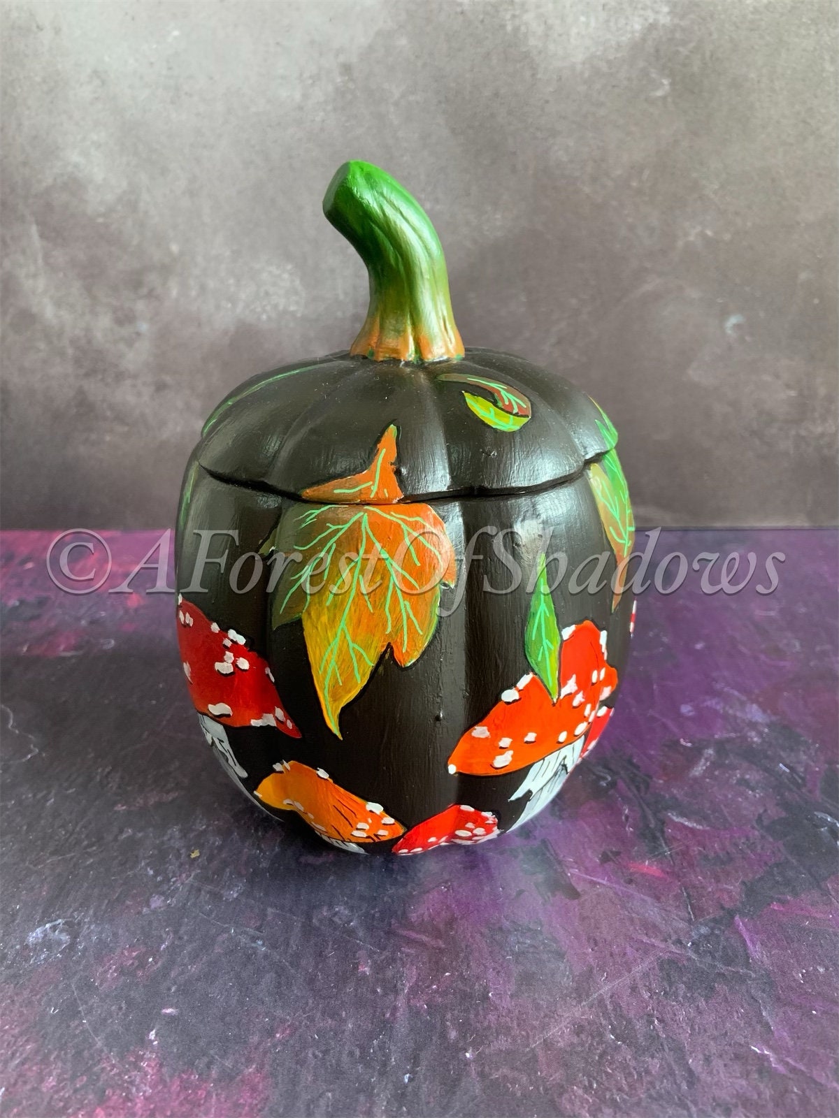 Autumn Mushroom Ceramic Pumpkin Trinket Box, Hand Painted OOAK, autumn home decor, Halloween decor, mushroom art, fungi lovers gift