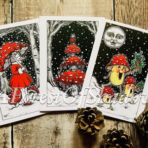 Amanita Muscaria Toadstool Christmas Card Pack, Yule cards, magic mushroom art, trippy psychedelic art, Fungi Christmas Cards, Cottagecore