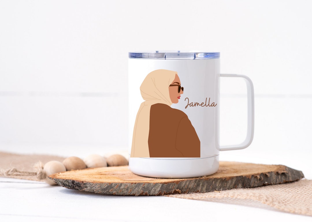 Personalized Hijabi Travel Mug With Handle and Lid, Hijab Girl Mug