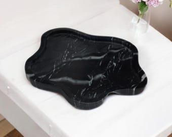 Bandeja de mármore preto, bandeja de pedra, bandeja de tigela de mármore, bandeja de mármore ameba, bandeja de tigela de mármore, bandeja otomana, bandeja decorativa, decoração para casa,