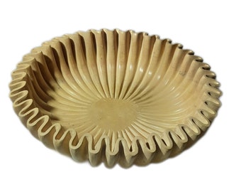 Tigela de mármore bege esculpida à mão, peça central decorativa em pedra (38 cm de diâmetro)