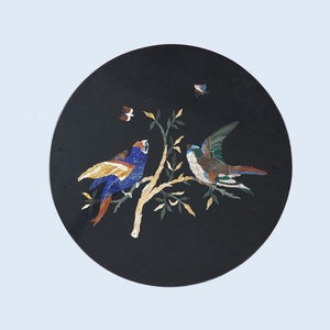 Pietradura Marble Inlay Round Table Top Gemstone Inlay - Antique Collectible Art Birds Pair Inlay Art