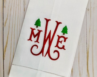 Monogrammed Christmas Tree Linen Hand Towel