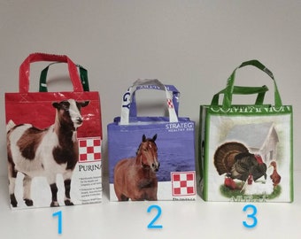 Details about   UPCYCLE~STEER~GOAT~SHEEP~FARM SCENE~RECYCLED FOOD BAG~GROCERY~MARKET TOTE 