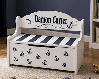 Hand Panted Personalized Nautical Wood Toy Box Deacons Bench – Custom requests considered