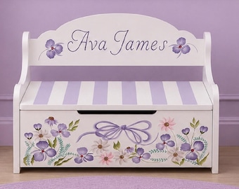 Hand-Painted Personalized Toddler Wood Toy Deacons Bench – Mixed Flower Design with Violets - custom requests considered