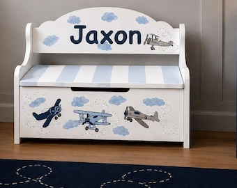 Hand Painted Personalized Airplane Toddler Wood Toy Storage Deacons Bench –Airplane Design - custom requests considered