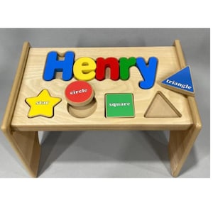 Puzzle Stool Personalized Wood with 43 Cutout Design Choices - Shown Shapes in Primary Colors -  Baby Shower/ First birthday/Bathroom Stool