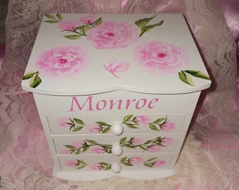 Hand Painted Personalized Large Wood 3 drawer Jewelry Box " The Monroe "  Flower Girl /Confirmation/Birthday/Dance Recital/ Teens