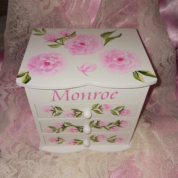 Hand Painted Personalized Large Wood 3 drawer Jewelry Box " The Monroe "  Flower Girl /Confirmation/Birthday/Dance Recital/ Teens