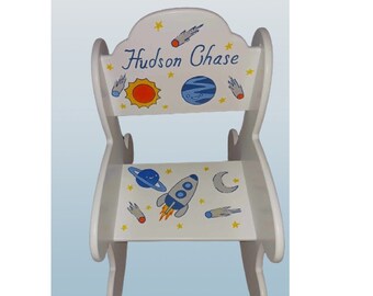 Hand Painted & Personalized Wood Rocking Chair Arch Back - The " Hudson Chase " Toddler Rocker/kids furniture/ Rockets /Planets/Celestial